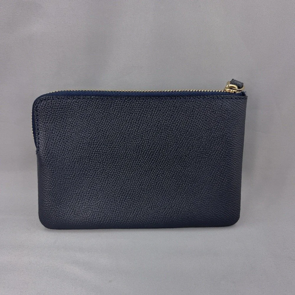 Coach Corner Zip Wristlet Womens‎ Midnight Blue Crossgrain Leather Gold Tone